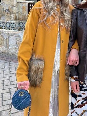 Women's Mustard Wool-Blend Coat with Faux Fur Pocket Trim